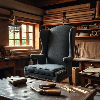 JSW Upholstery workshop interior in Barking &mdash; chair mid-reupholster on workbench, fabric rolls overhead, upholstery tools laid out