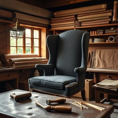 JSW Upholstery workshop interior in Barking &mdash; chair mid-reupholster on workbench, fabric rolls overhead, upholstery tools laid out